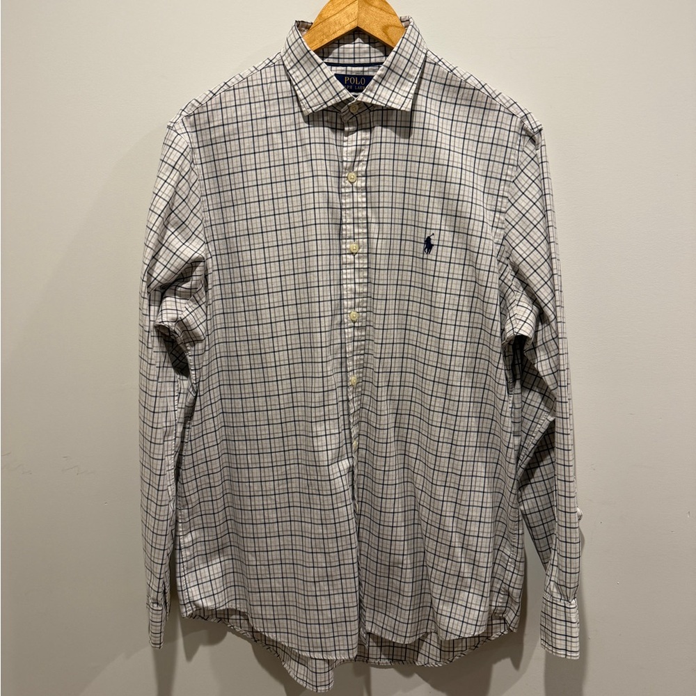 Ralph Lauren Men's White and Navy Checkered Button Up Shirt